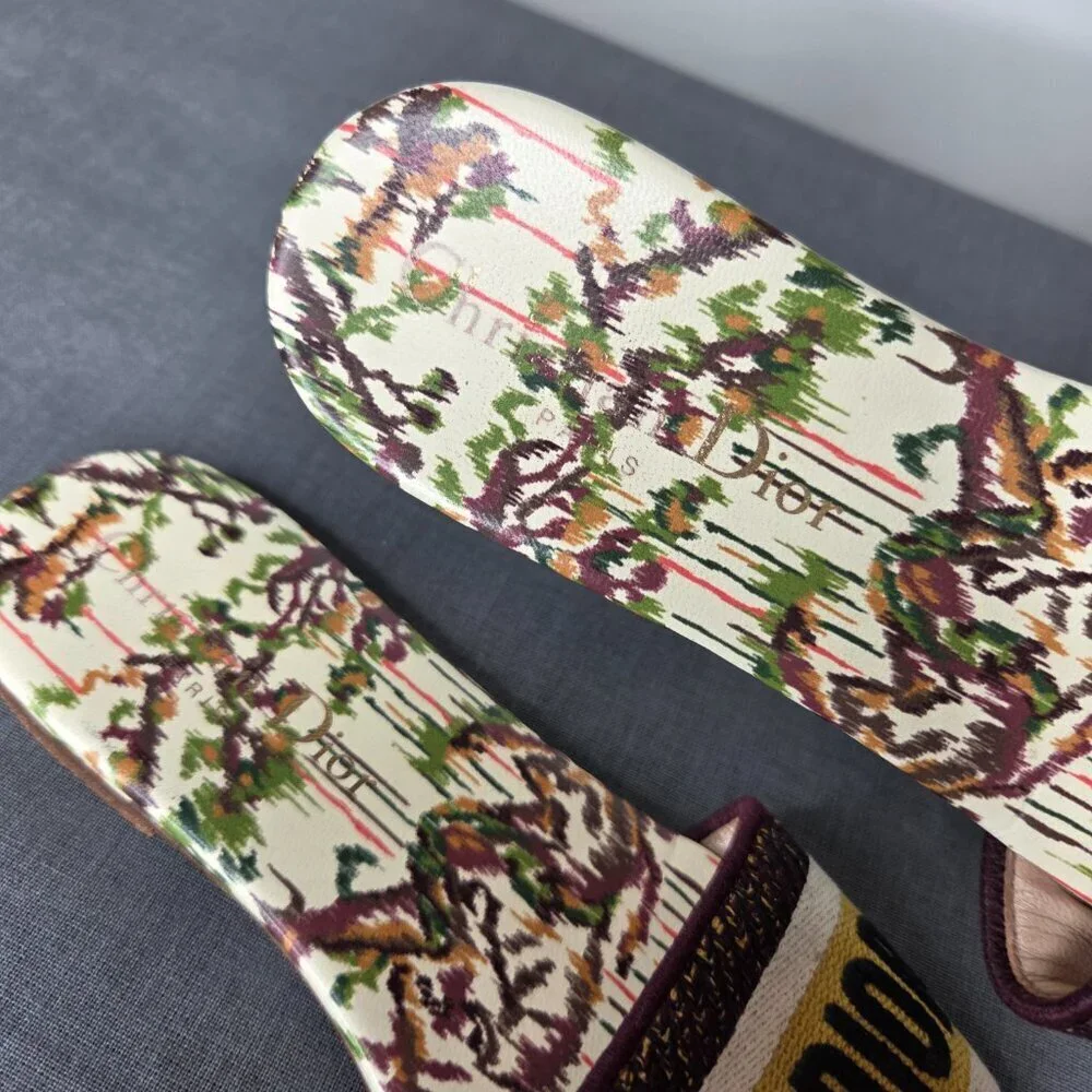 Dior Multicolor Canvas Logo Slide Sandals with Yellow Stripe